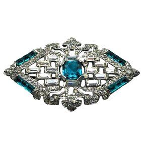 Vintage Rhinestone Brooch Emerald Green Clear Baguettes Art Deco Pot Metal Costu